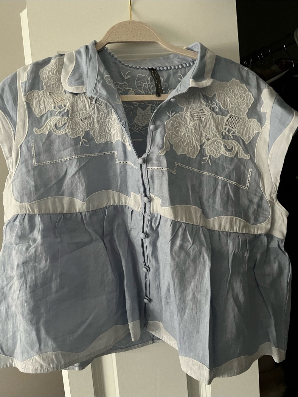 Anthropologie Light Blue & White Embroidered Button-Front Blouse Medium